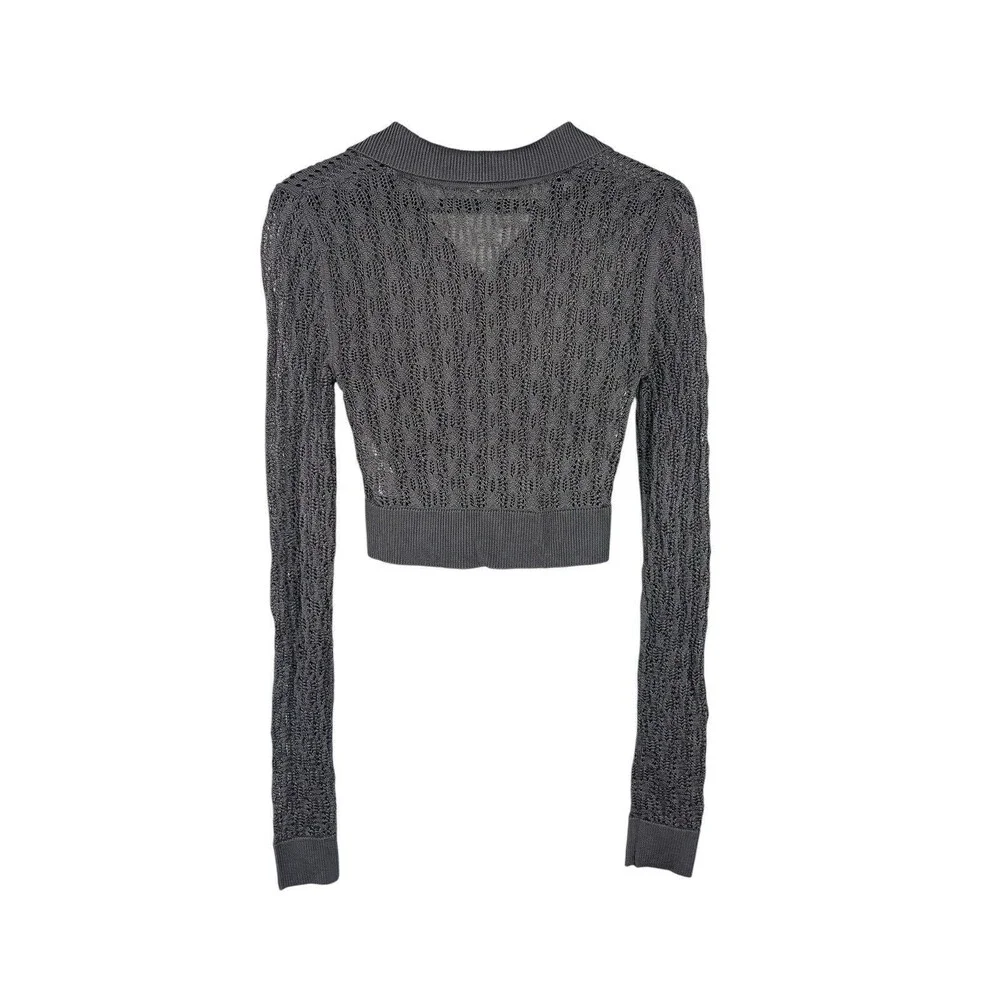 Free People Dark Gray Open Knit Button Front Long Sleeve Cropped Cardigan XS